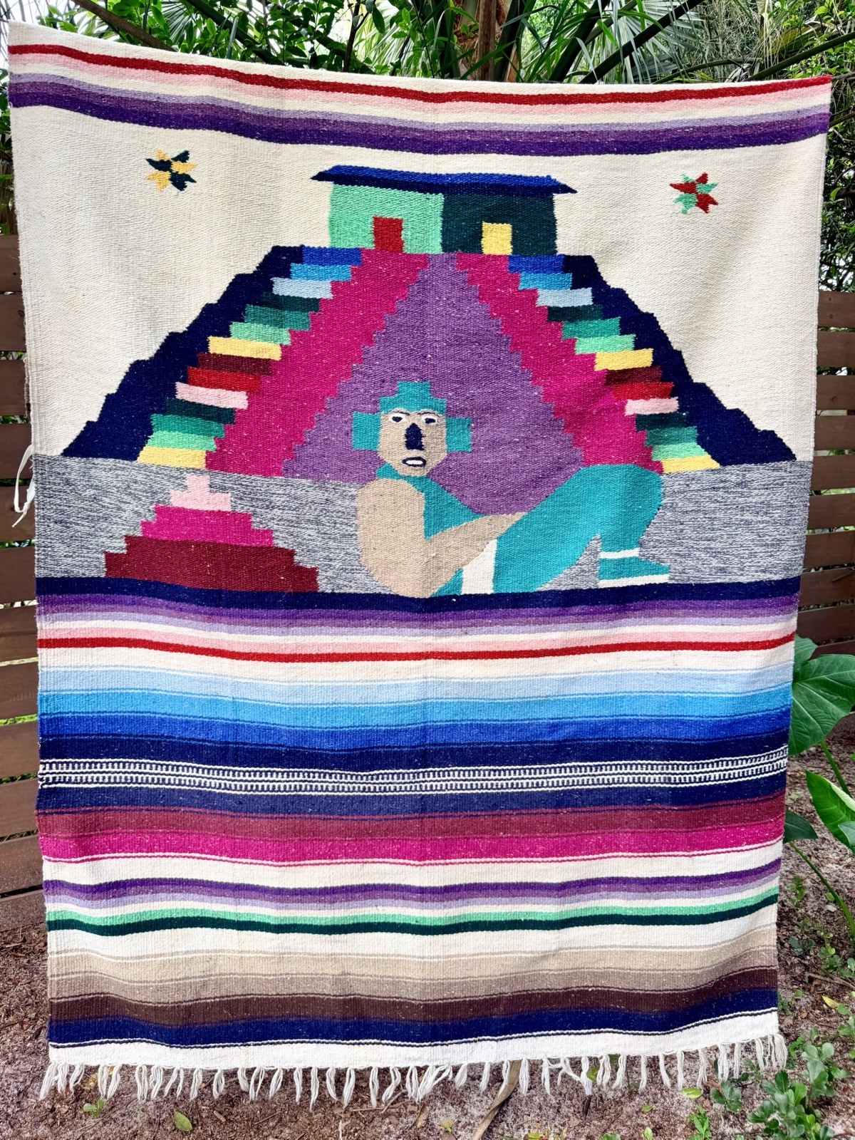 Vintage Handmade Mexican Tapestry Wall Hanging Rug Mayan Aztec Pyramid 93x51