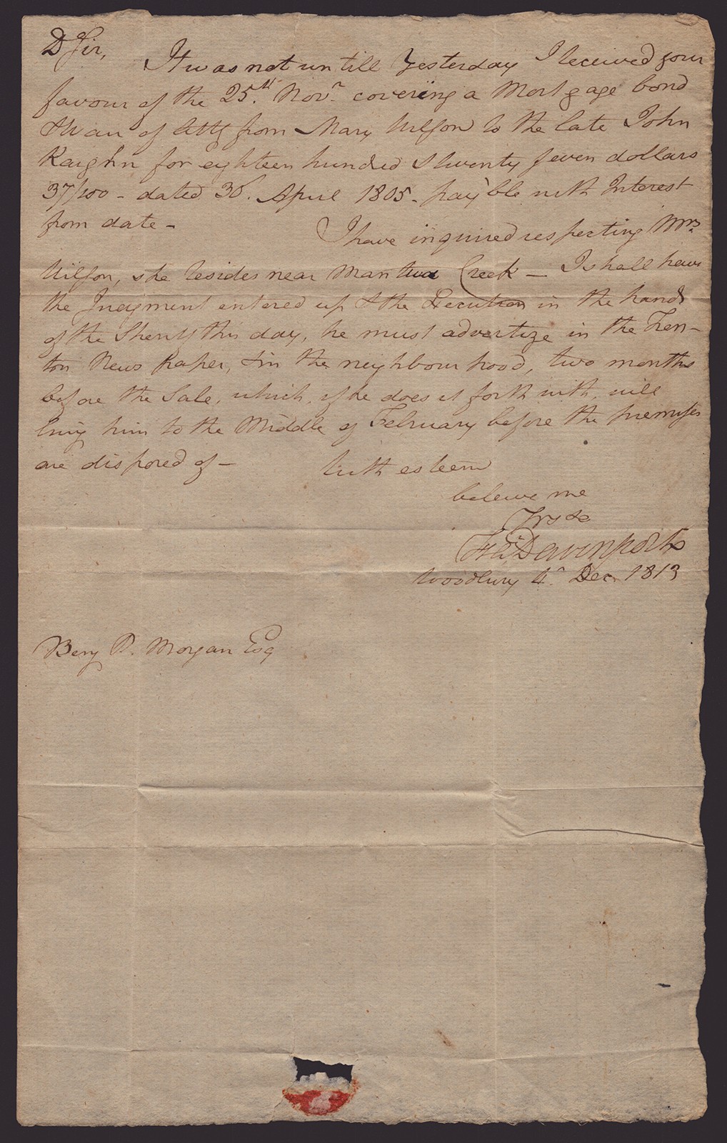 FRANKLIN DAVENPORT - MANUSCRIPT LETTER SIGNED 12/04/1813