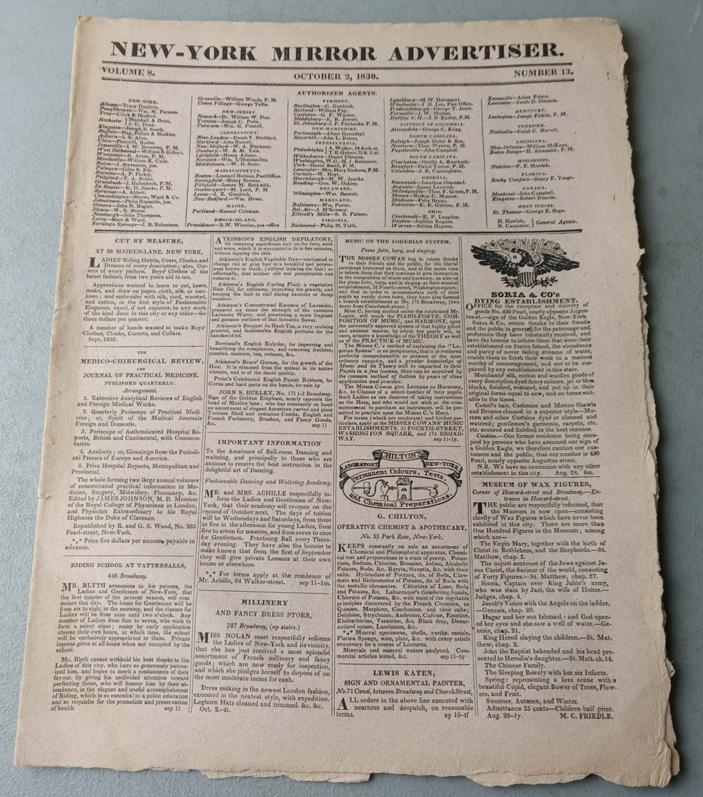 RARE 1830 New York Mirror Advertiser Newspaper Vol VIII Oct 2 Literature Ads