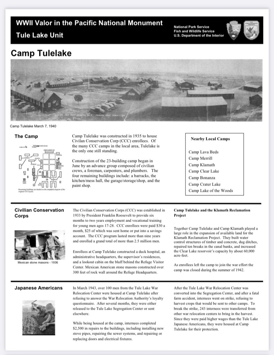 8.5x11 WWII Camp Tulelake War Camp Site Bulletin USA Historic Document