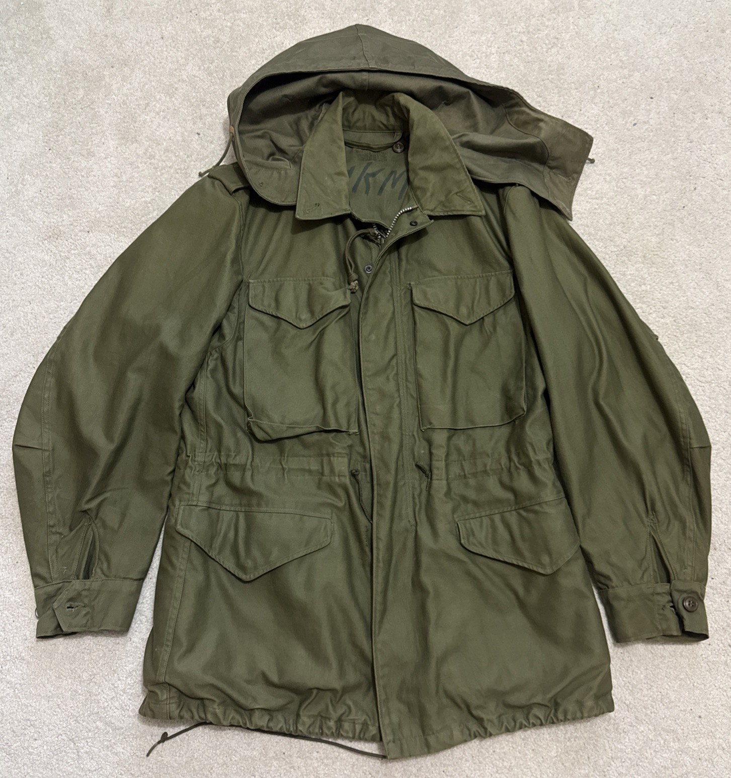Vtg M-65 US Army Cold Weather Field Jacket Coat Hooded M-1943 Small Reg OG-107