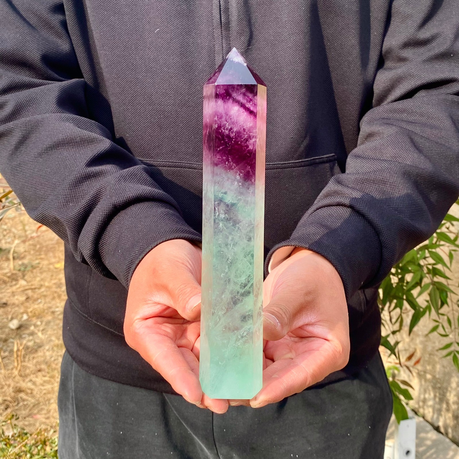 1.7LB Natural Rainbow Fluorite Obelisk Quartz Crystal Wand Tower Point Healing