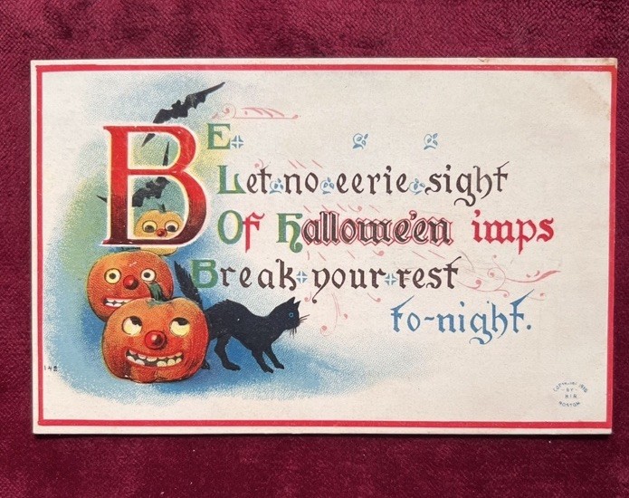 Antique 1910 Halloween Postcard~Embossed JOL~Bats~Black Cat~Bright Color