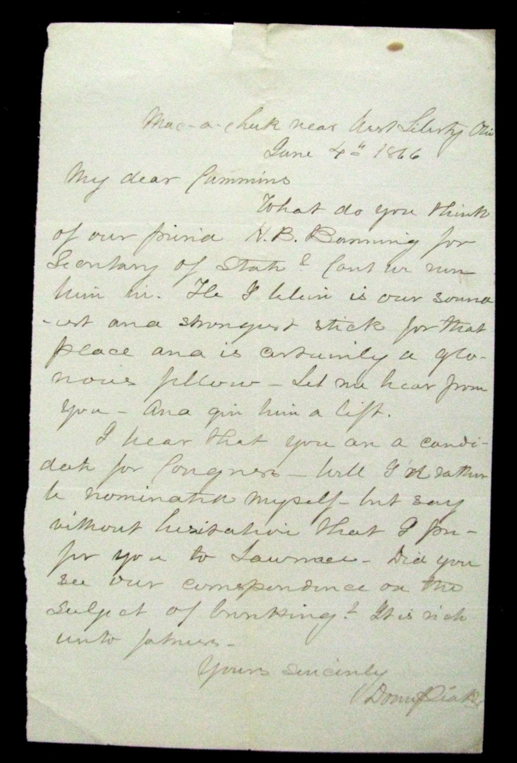 CIVIL WAR OHIO COLONEL DONN PIATT LETTER 1866  WEST LIBERTY OHIO