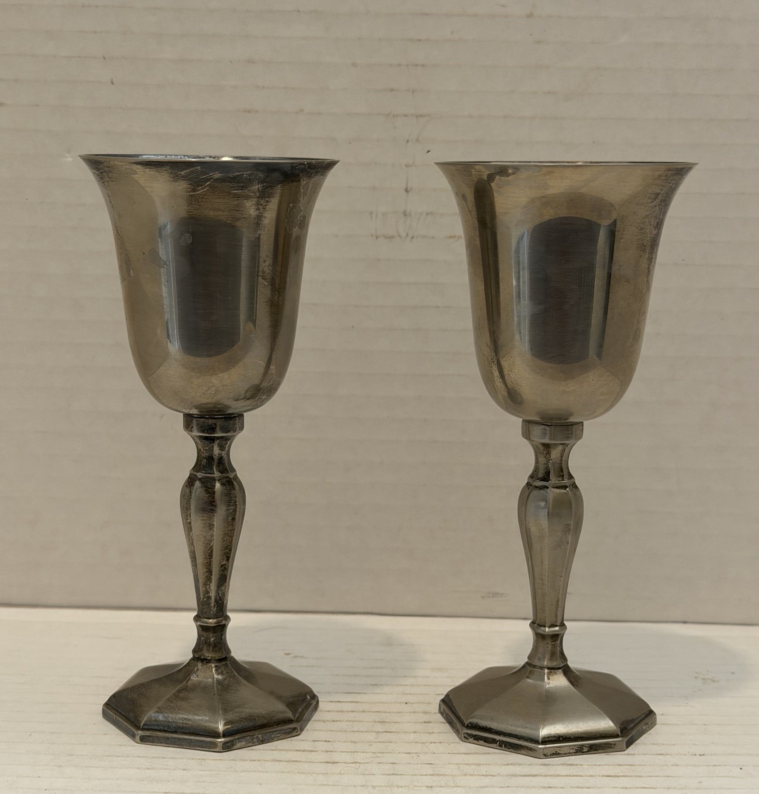 Pair of Vintage Silver-Plated Stemmed Wine Goblets with Octagonal Base 6oz