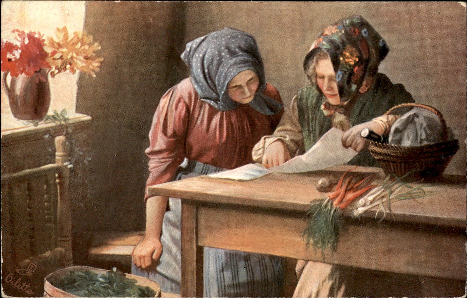 Women Reading Letter German Peasnt Life Tuck & Sons c1900s-10s Vintage Postcard