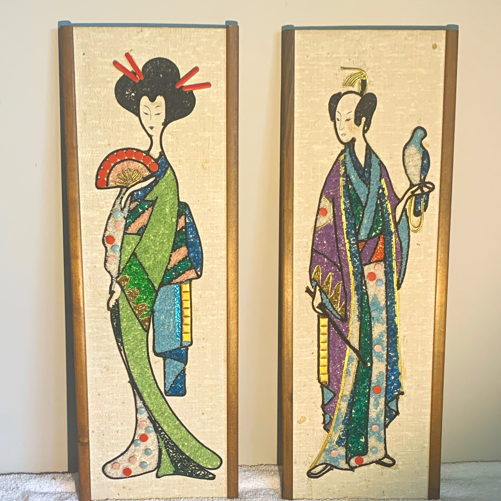 Vintage Pair Japanese Gravel Art Prints/Panels – Geisha & Man With Bird, Kimono Vintage Pair Japanese Gravel Art Prints/Panels – Geisha & Man With Bird, Kimono