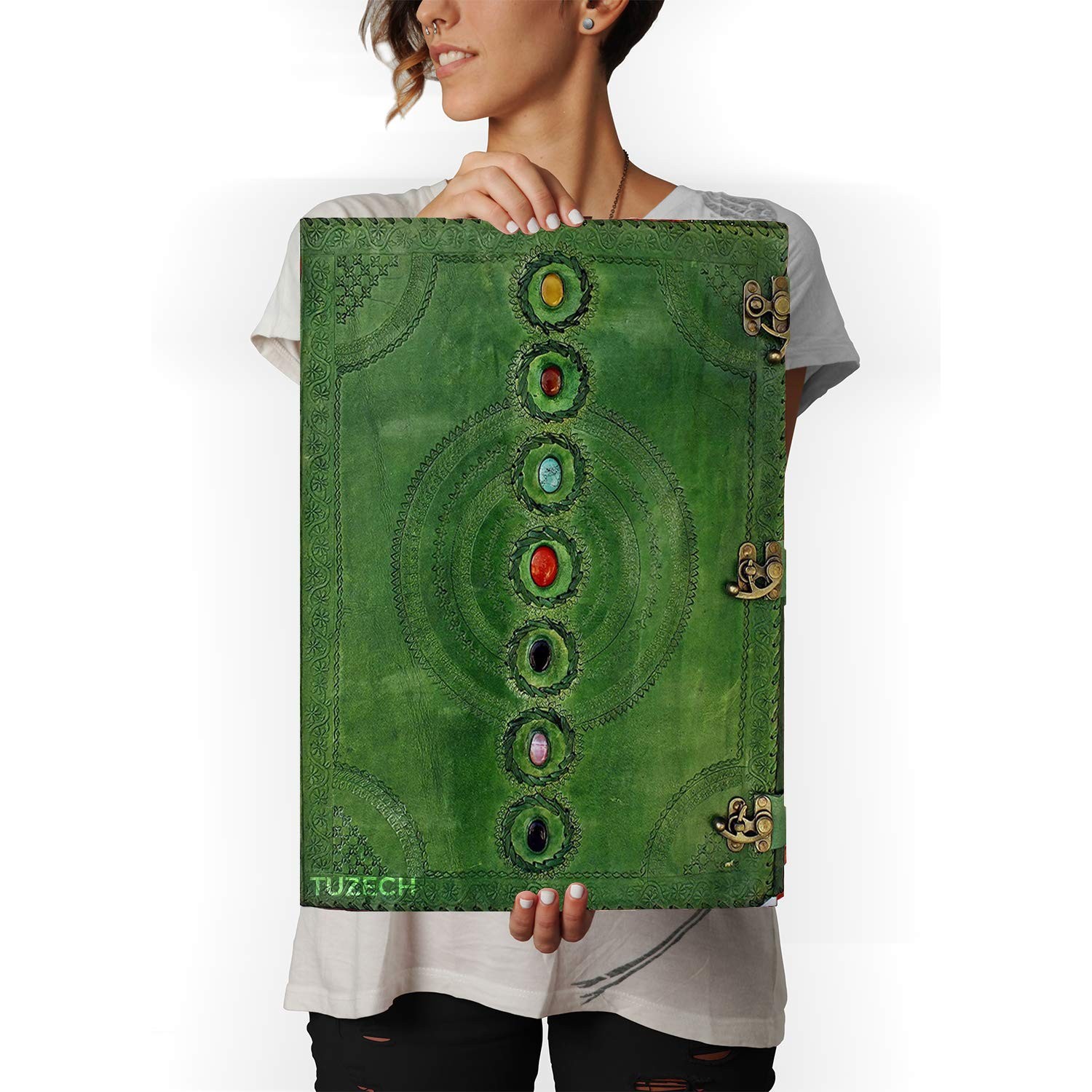 TUZECH Seven Chakra Handmade Leather Journal, Book of Shadows, Green 18\