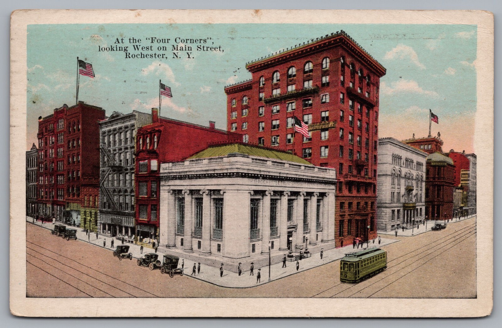 At The Four Corners Looking West On Main Street Rochester NY Postcard TS-292