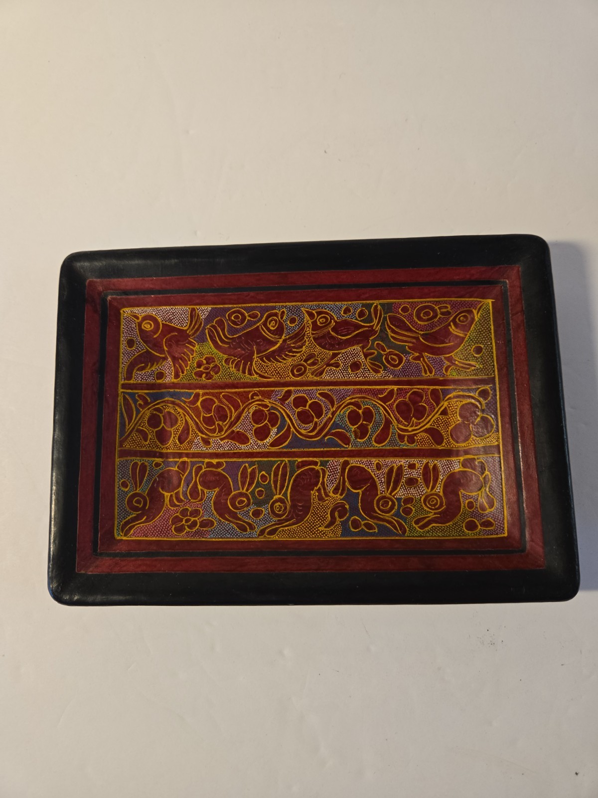 VTG Olinala Mexican Traditional Lacquer Wood Tray Hand Paint Birds Bunnies 7x5
