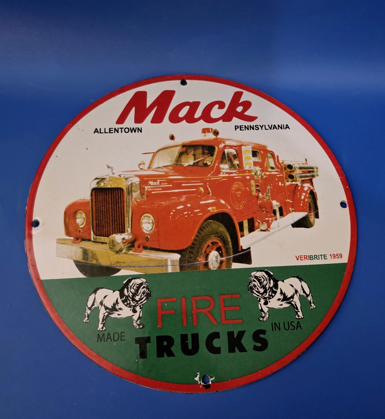 Adv Mack Fire Trucks Porcelain Sign Veribrite Vintage Style Bulldog Man Cave 12\