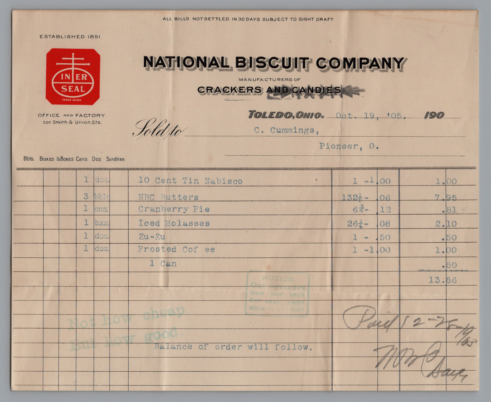 1905 Billhead NATIONAL BISCUIT CO. Toledo Ohio, Nabisco