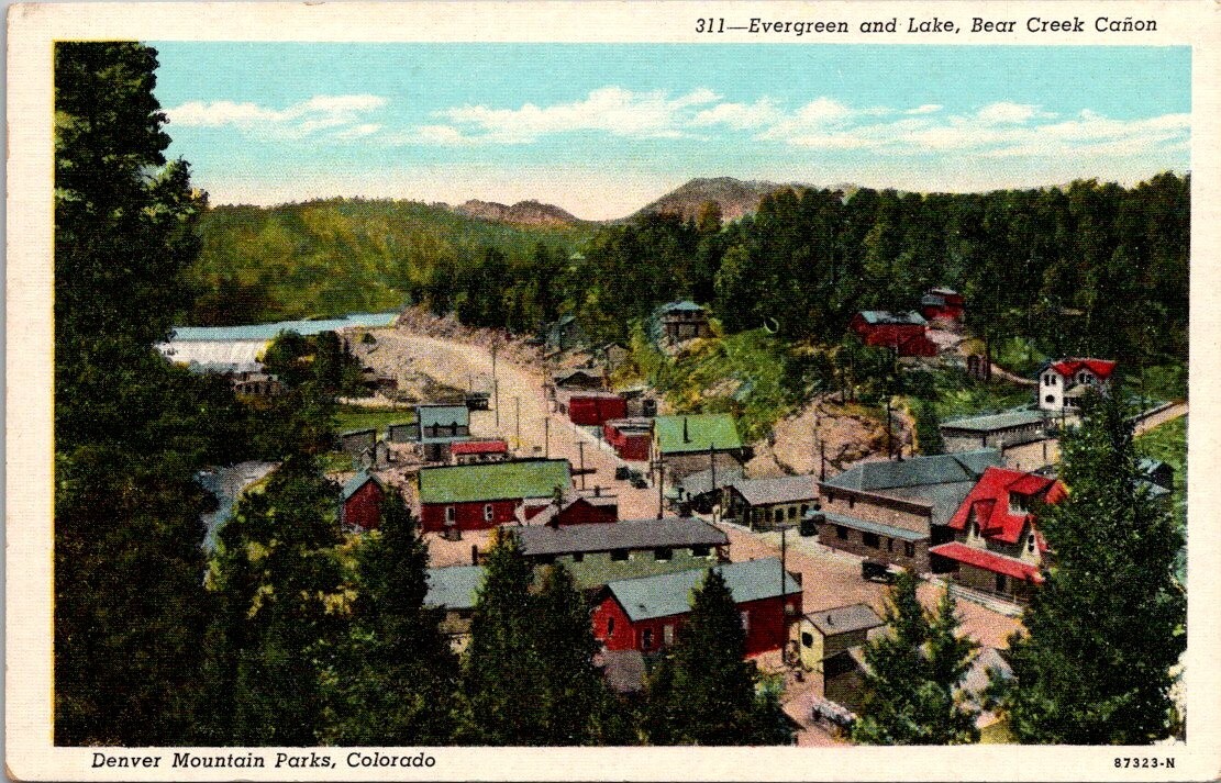 Postcard Evergreen and Lake Bear Creek Canon Denver Mountain Parks CO Postcard Evergreen and Lake Bear Creek Canon Denver Mountain Parks CO