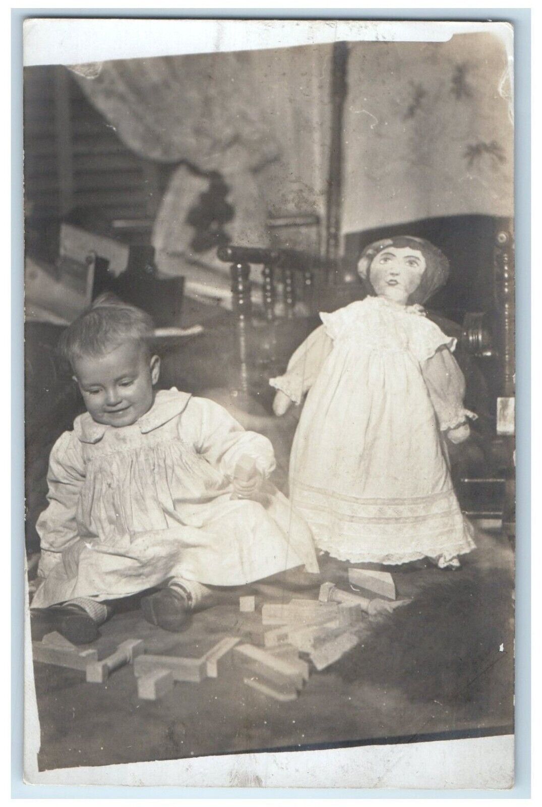 c1910's Baby Playing With Blocks Antique Doll RPPC Photo Unposted Postcard