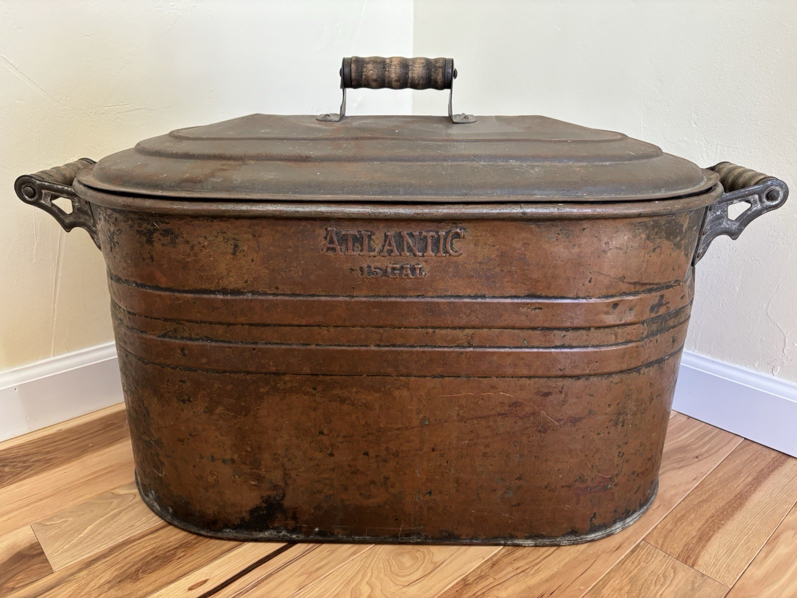 Antique Vintage Atlantic 15 Gallon Copper Canning Double Boiler, Handles & Lid