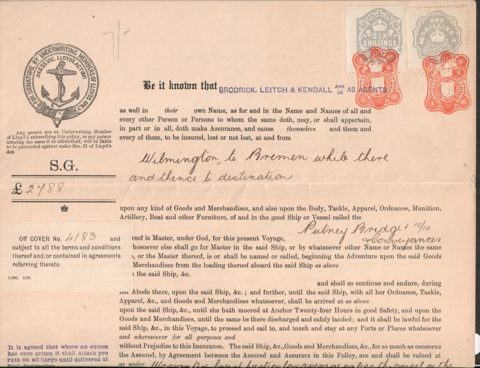 1908 SS PUTNEY BRIDGE Steam Ship Insurance Policy to Bremen Document