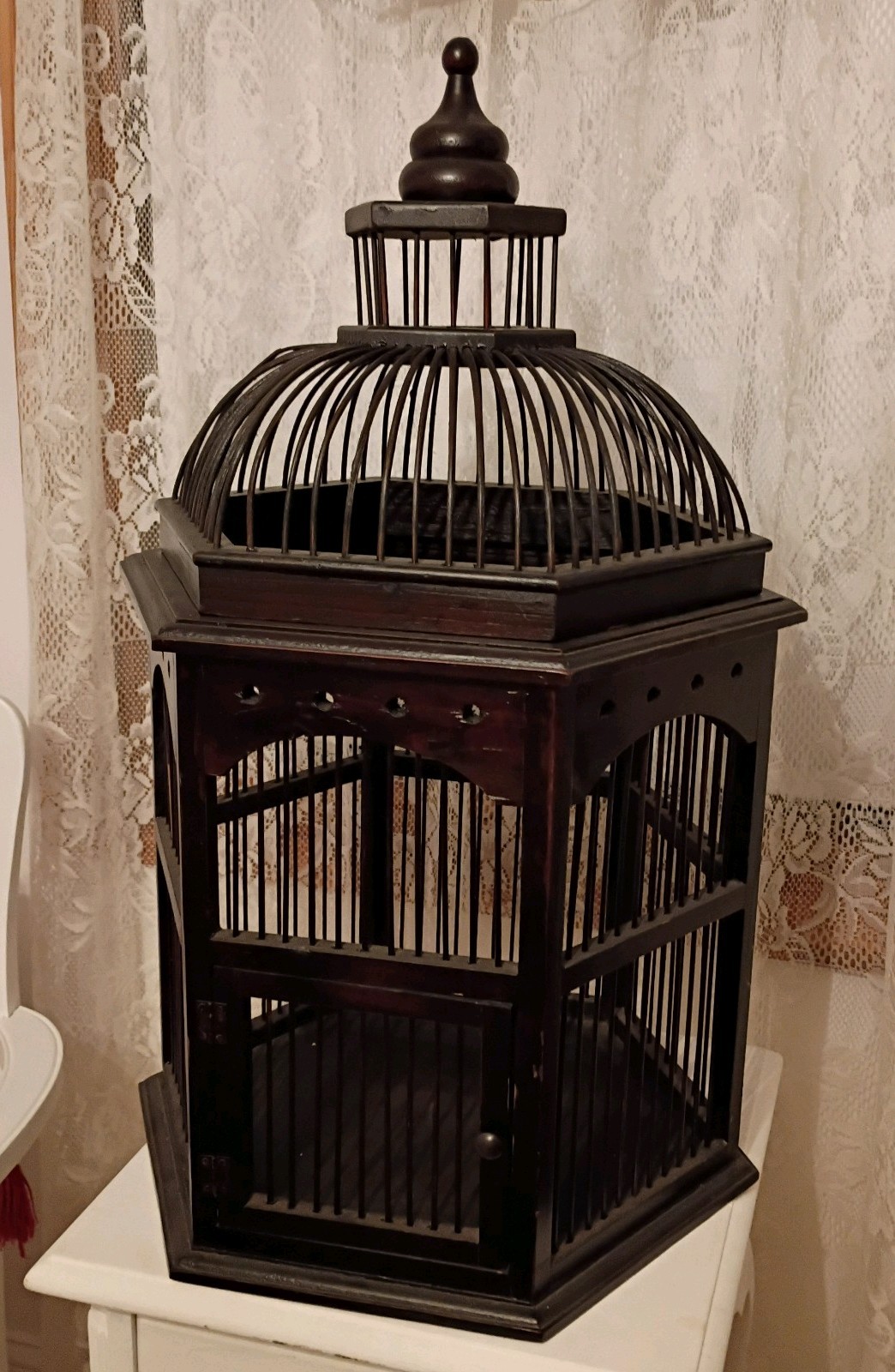 Vintage Dark Wood Wire Bird Cage Octagon Dome Cathedral 24” Tall Architectural
