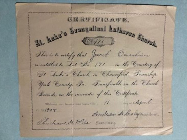 document 1908 St Luke's Church Cemetery Burial lot Certificate - York County PA