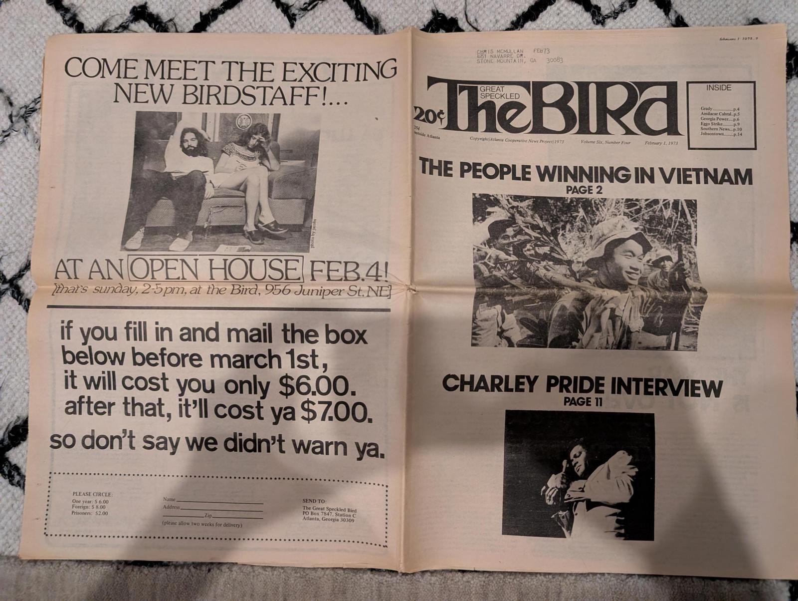 The Great Speckled Bird | February 1, 1973 | Underground Newspaper | Charley Pri