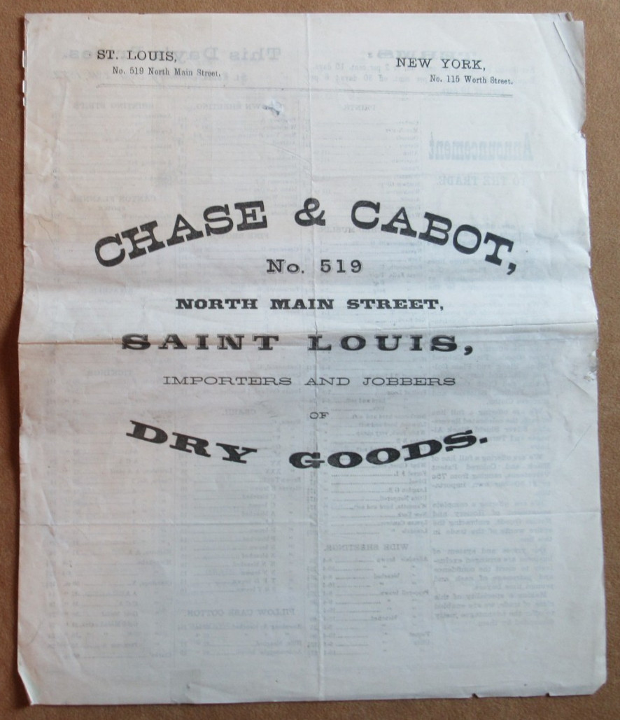 1872 Chase & Cabot Dry Goods St. Louis Antique  brochure Price List Old West