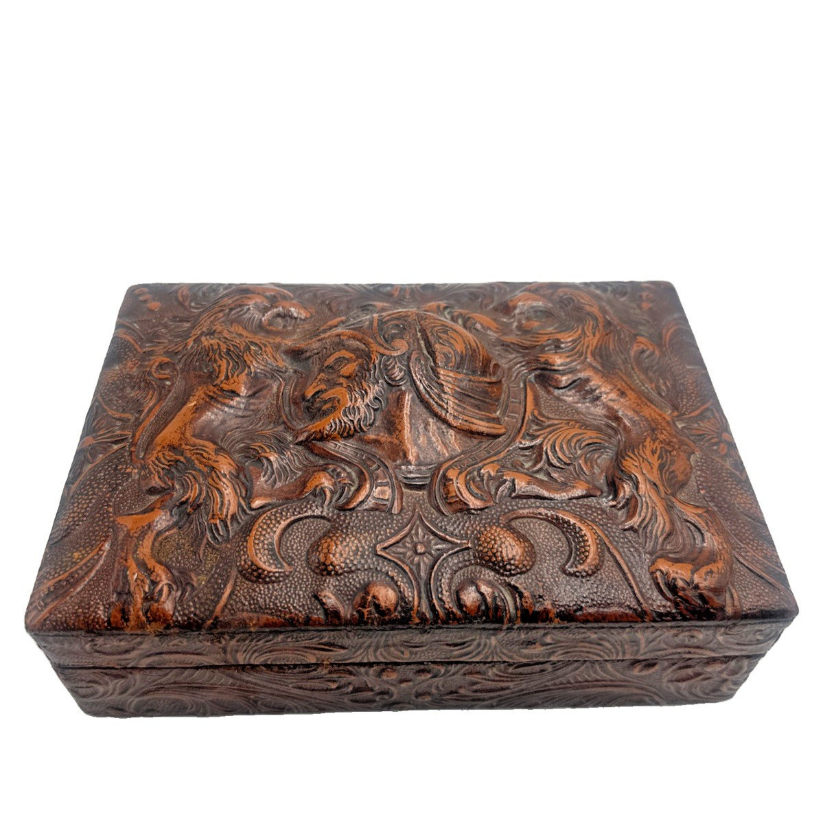 Vintage Spanish Tooled Embossed Leather Cigarette Dresser Box Griffins Knight