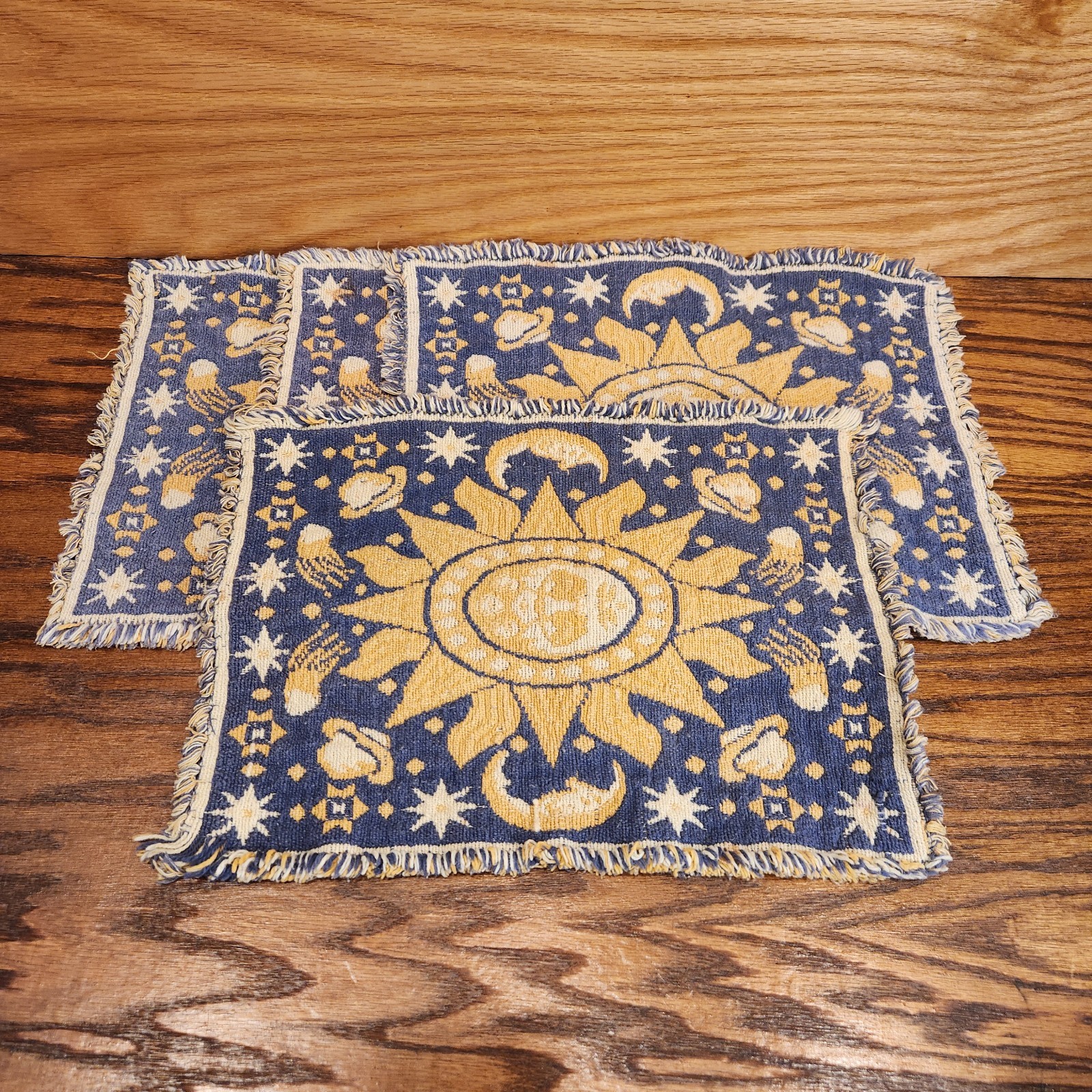 Set of 4 Vintage Celestial Sun Moon Woven Tapestry Table Placemats Saturn Stars