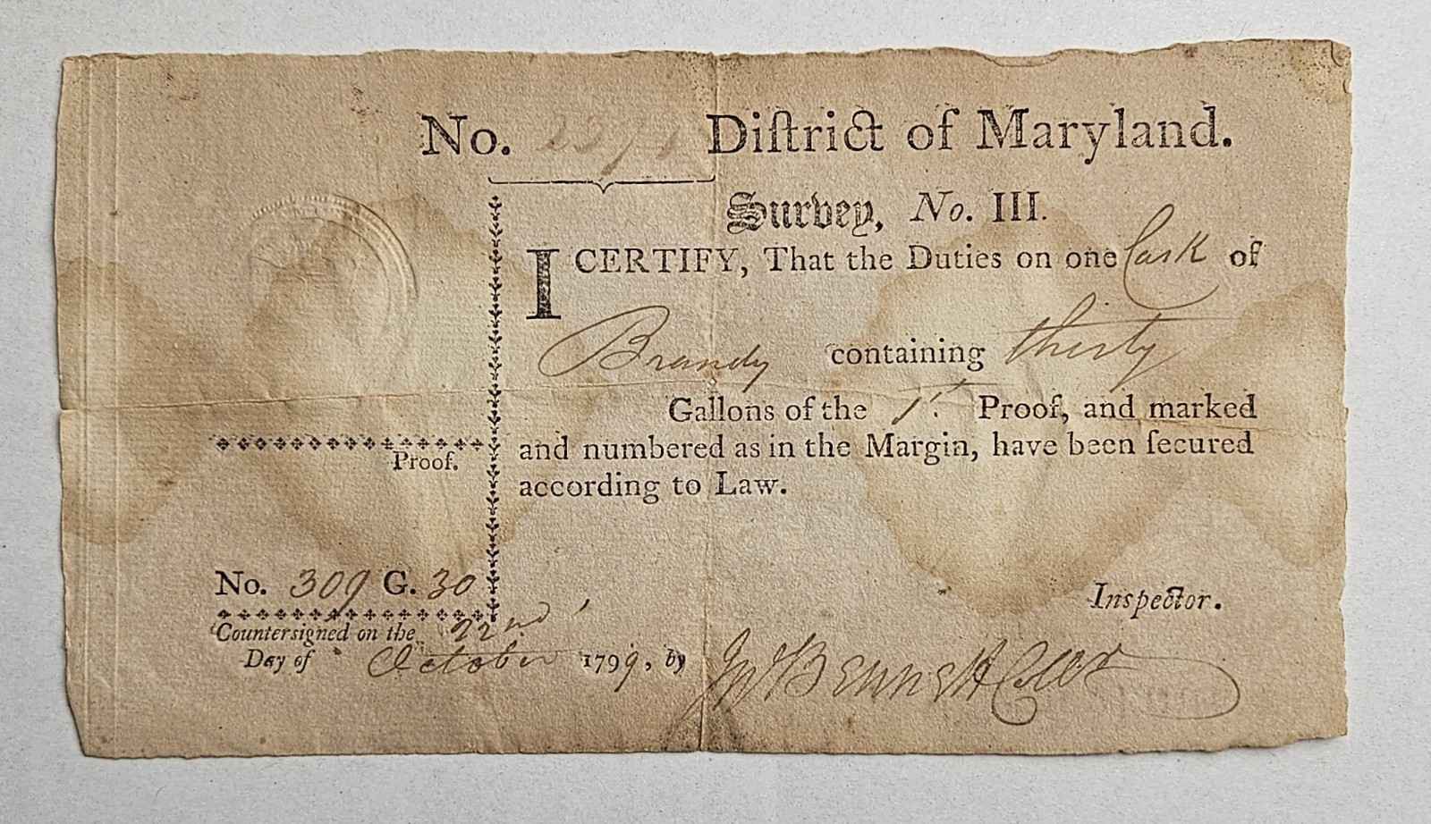 1799 Federal Brandy Excise Certificate Col William Richardson Maryland