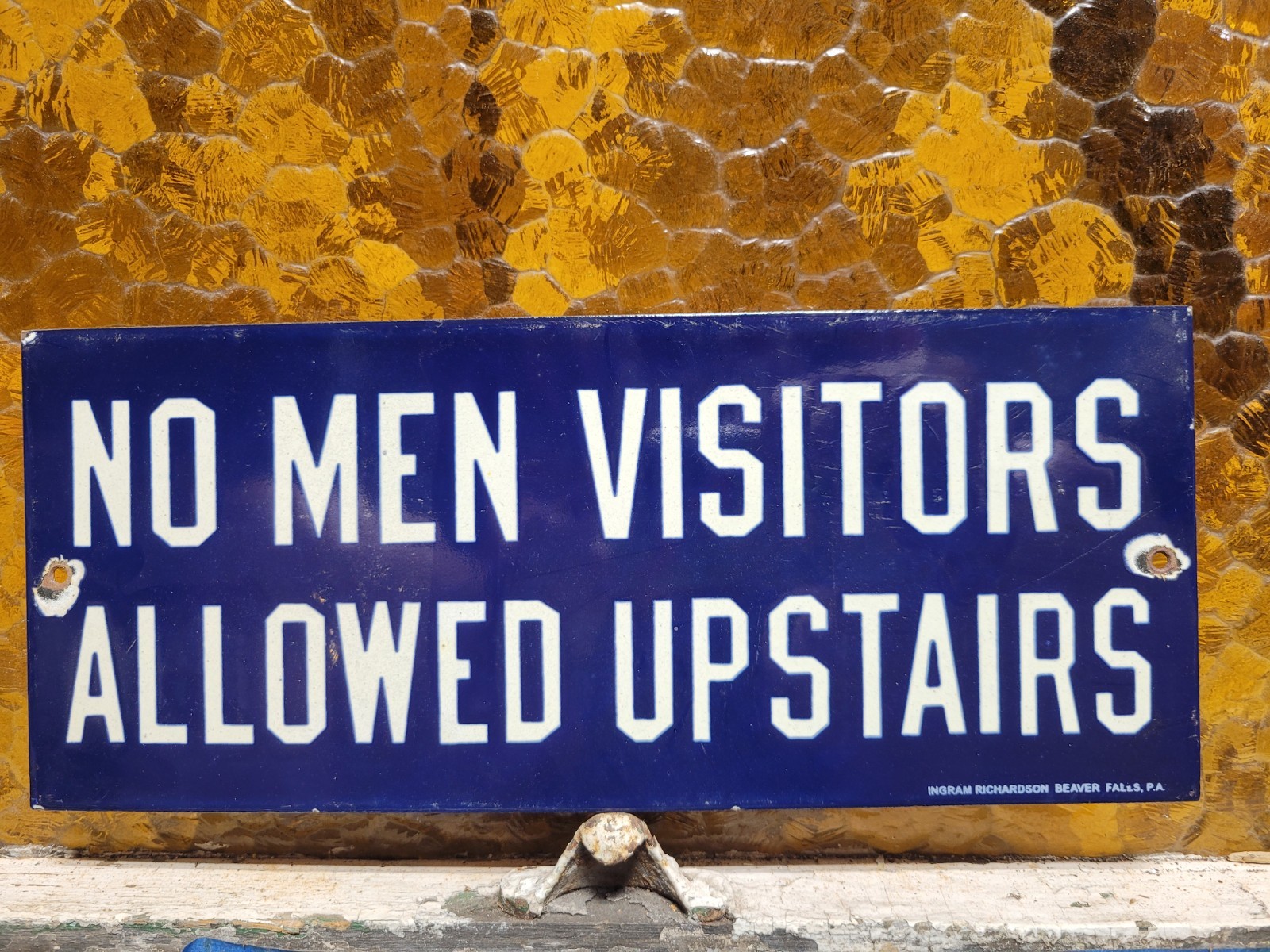 VINTAGE BROTHEL PORCELAIN SIGN OLD HOTEL NO MEN ALLOWED UPSTAIRS SAILOR NAVY USA