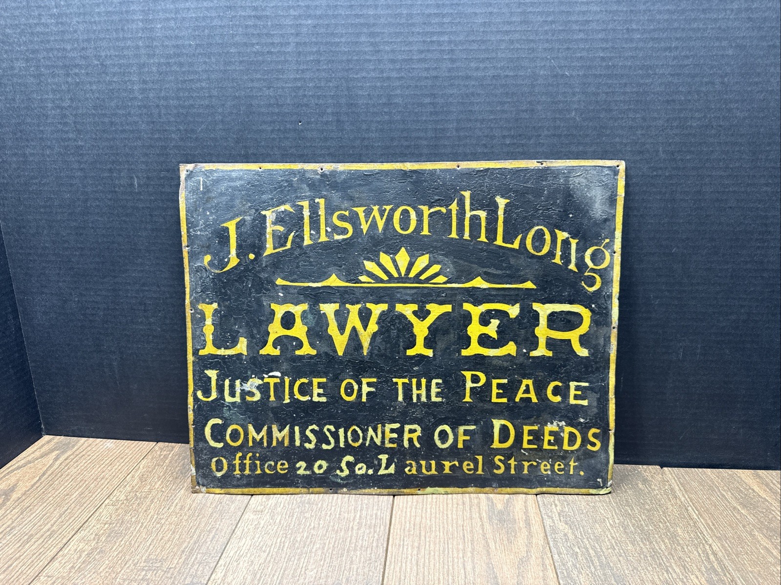 Vintage J. ELLSWORTHLONG LAWYER JUSTICE OF THE PEACE METAL ADVERTISEMENT SIGN 