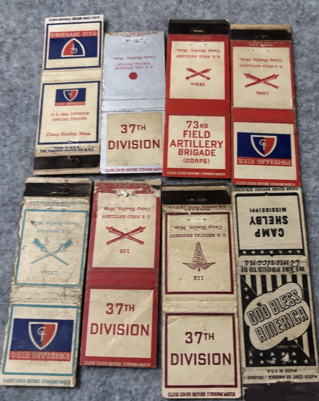 WWII Camp Shelby  Mississippi Vintage Matchbook Cover Lot 8 Artillery Medical