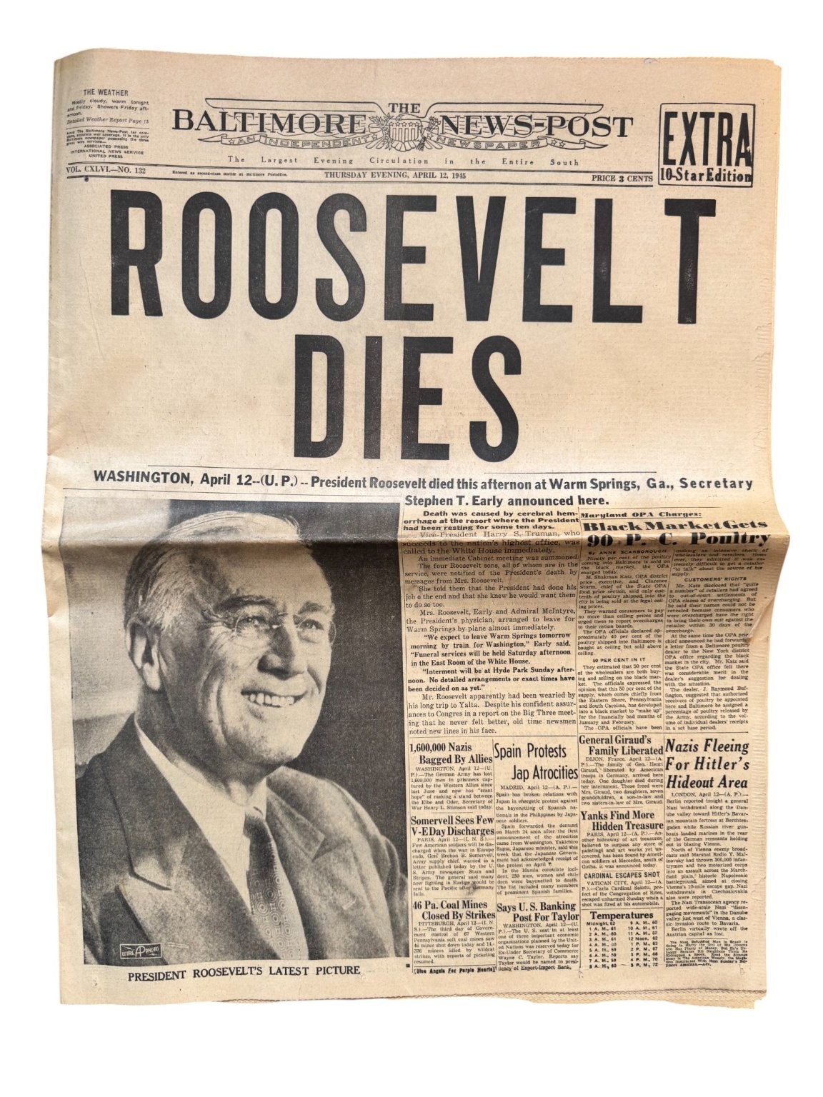 Baltimore News-Post Roosevelt Dies Newspaper April 12 1945 Historic