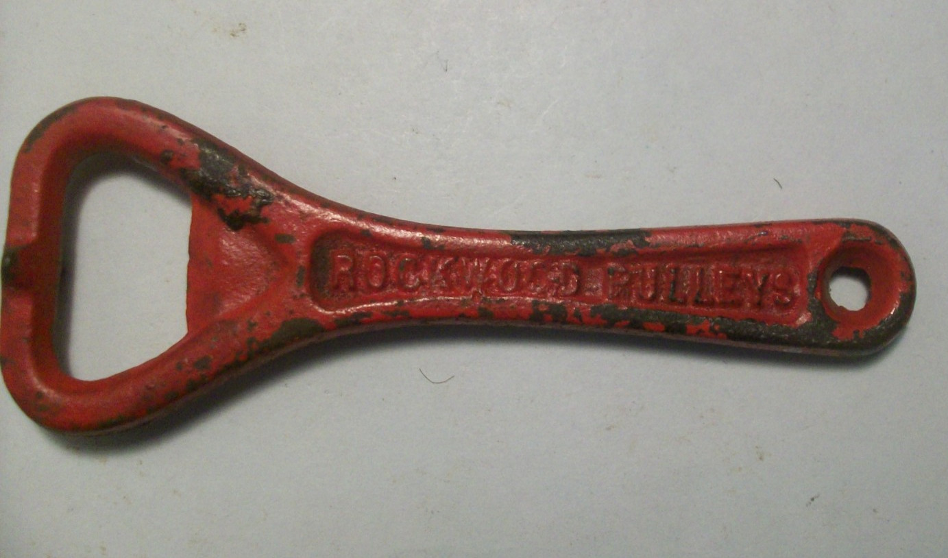 Antique 1890-1920's cast iron ROCKWOOD DRIVES PULLEYS BOTTLE OPENER 4