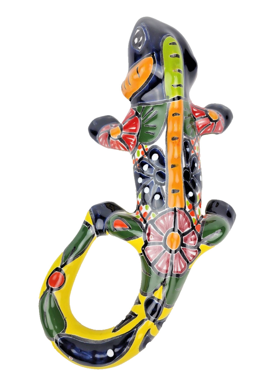 Blue Talavera-Style Iguana Hand-Painted Mexican Folk Art Ceramic Figurine