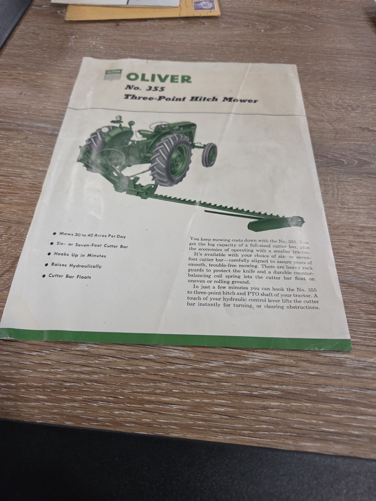 Oliver Tractor No. 355 Mounted Mower Dealers Brochure  