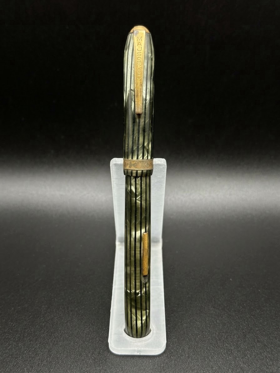 Vintage 1940s Majestic Gray Celluloid Striped Lever Fill Fountain Pen Gold Trim