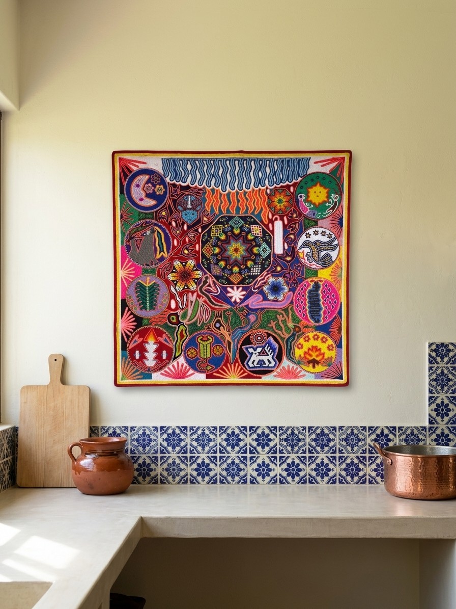 Large Huichol Wixarika Yarn Painting Nierika Beaded Peyote Deer Signed 24x24
