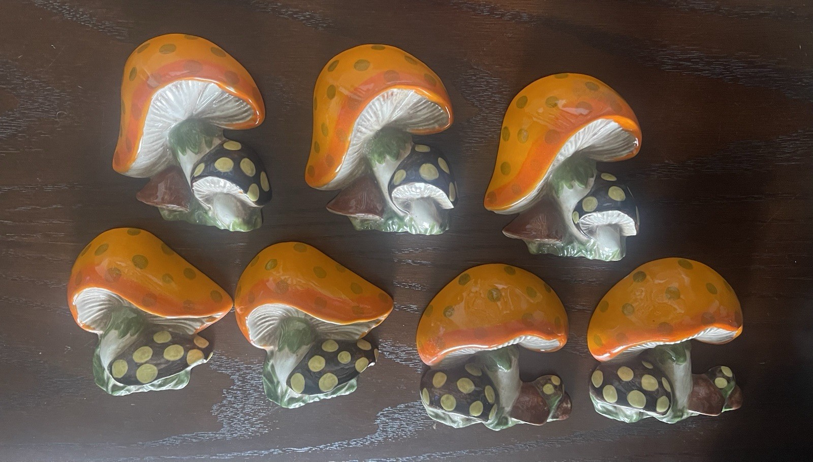 Vintage 1970s Ceramic Mushroom Wall Plaques Set of 7 Orange Retro Groovy Decor
