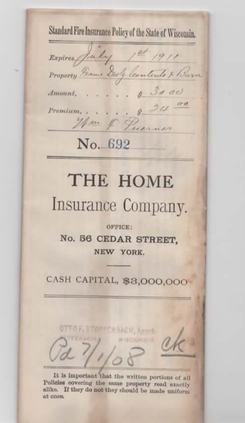 The Home Insurance Company NY 1911  Standard Fire Insurance Policy Wisconsin