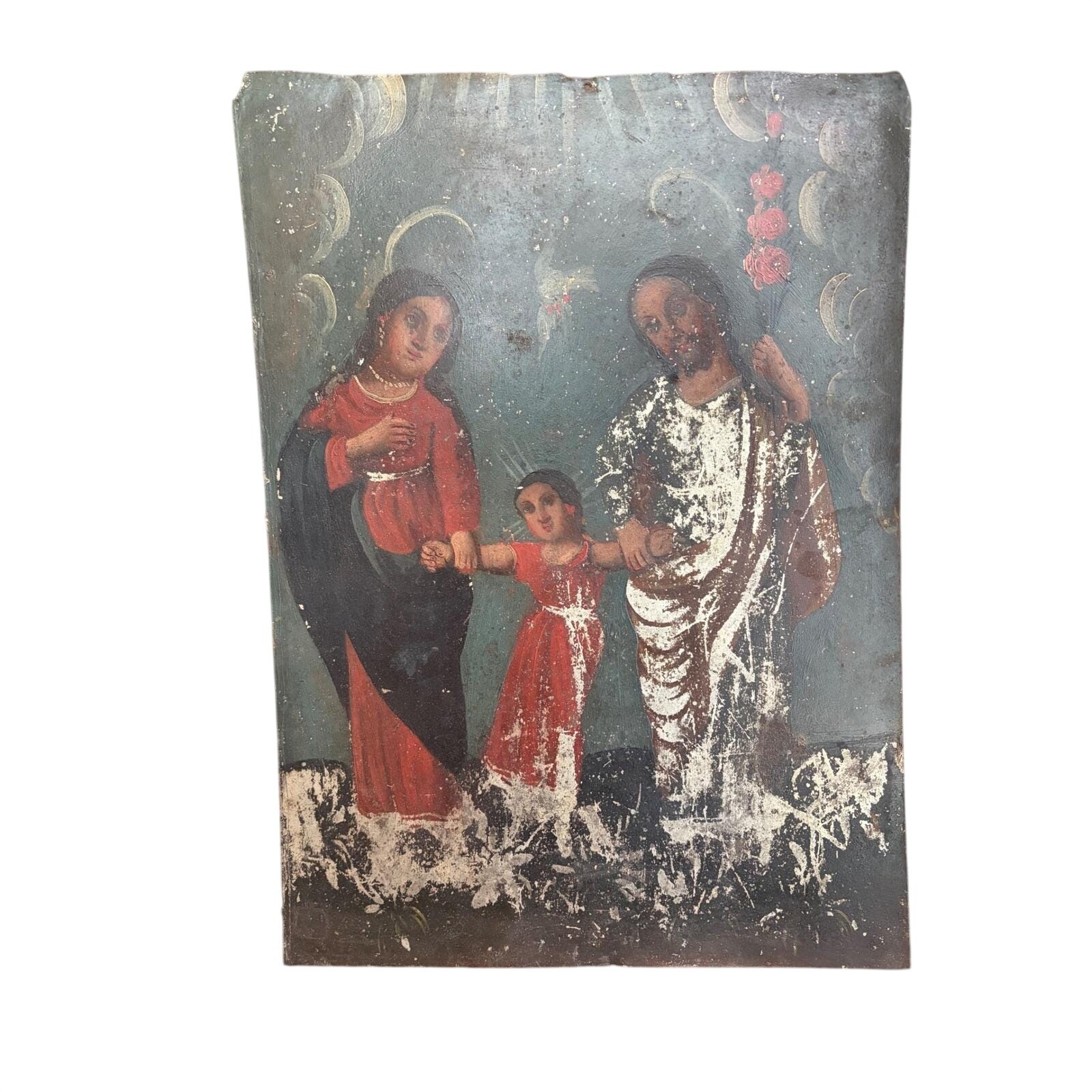 Antique Mexican Retablo Tin Painting Holy Family Religious Folk Art Devotional