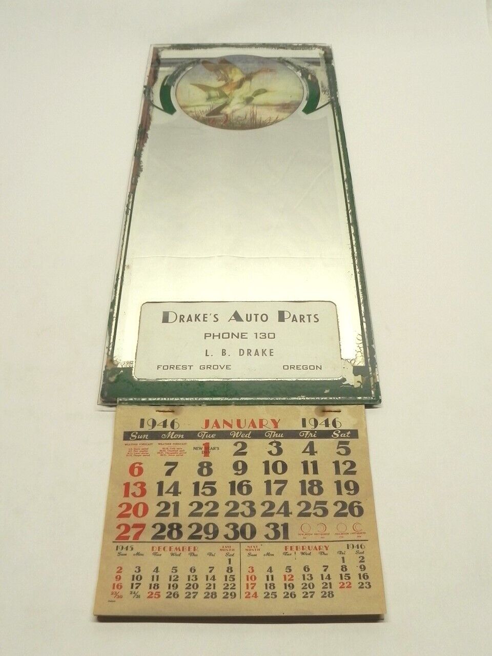 VINTAGE 1946 DISPLAY CALENDAR MIRROR DRAKE'S AUTO PARTS FOREST GROVE, OR USED 