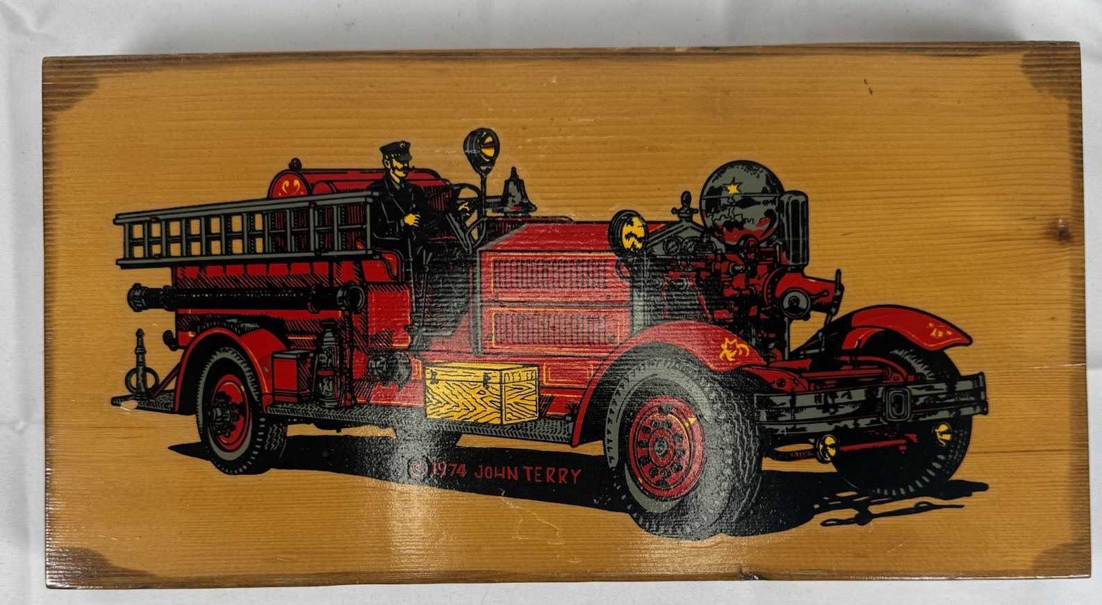 1974 Ahrens Fox Fire Truck Wooden Plaque Picture John Terry 14x7 70s Decor