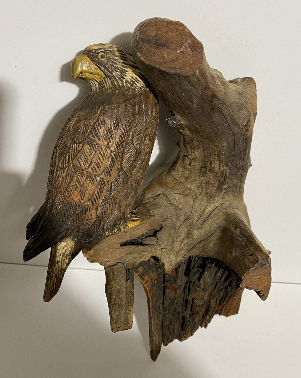 Antique Folk Art Carved Wood American Eagle on Perch Tree 13