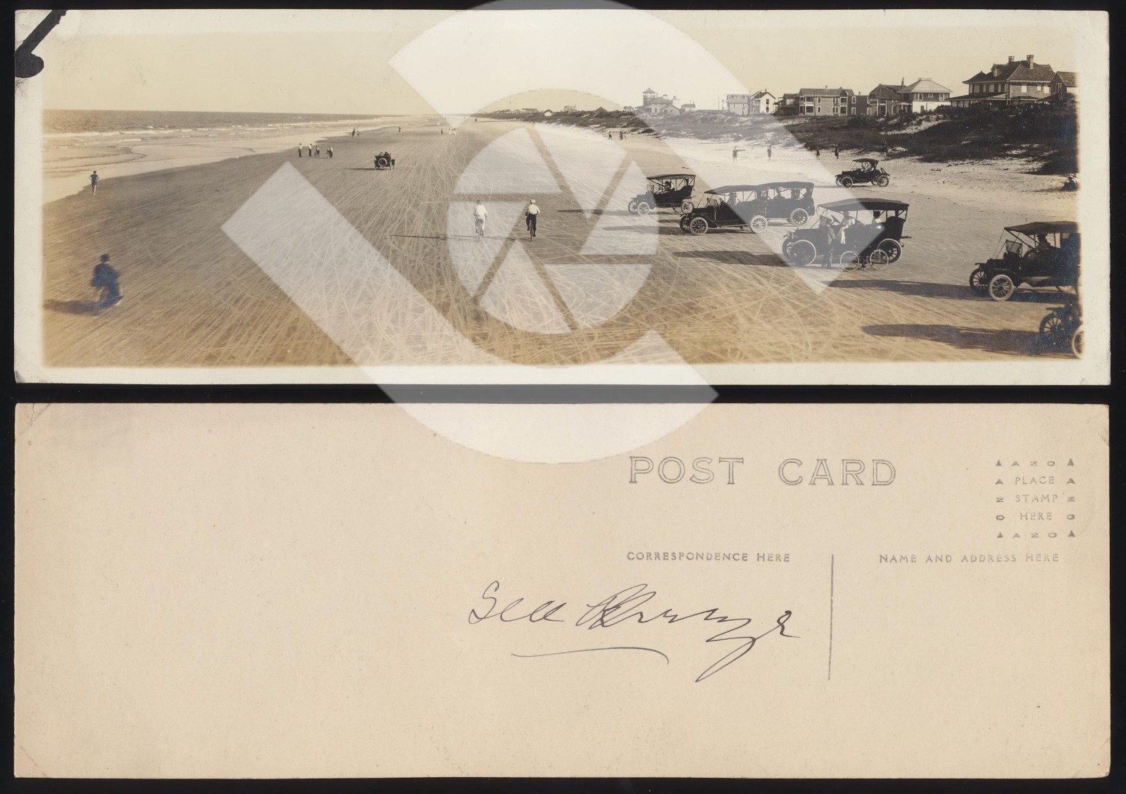1920s RPPC Post Card Rare Panoramic Daytona Beach Florida Vintage Cars Bicycles