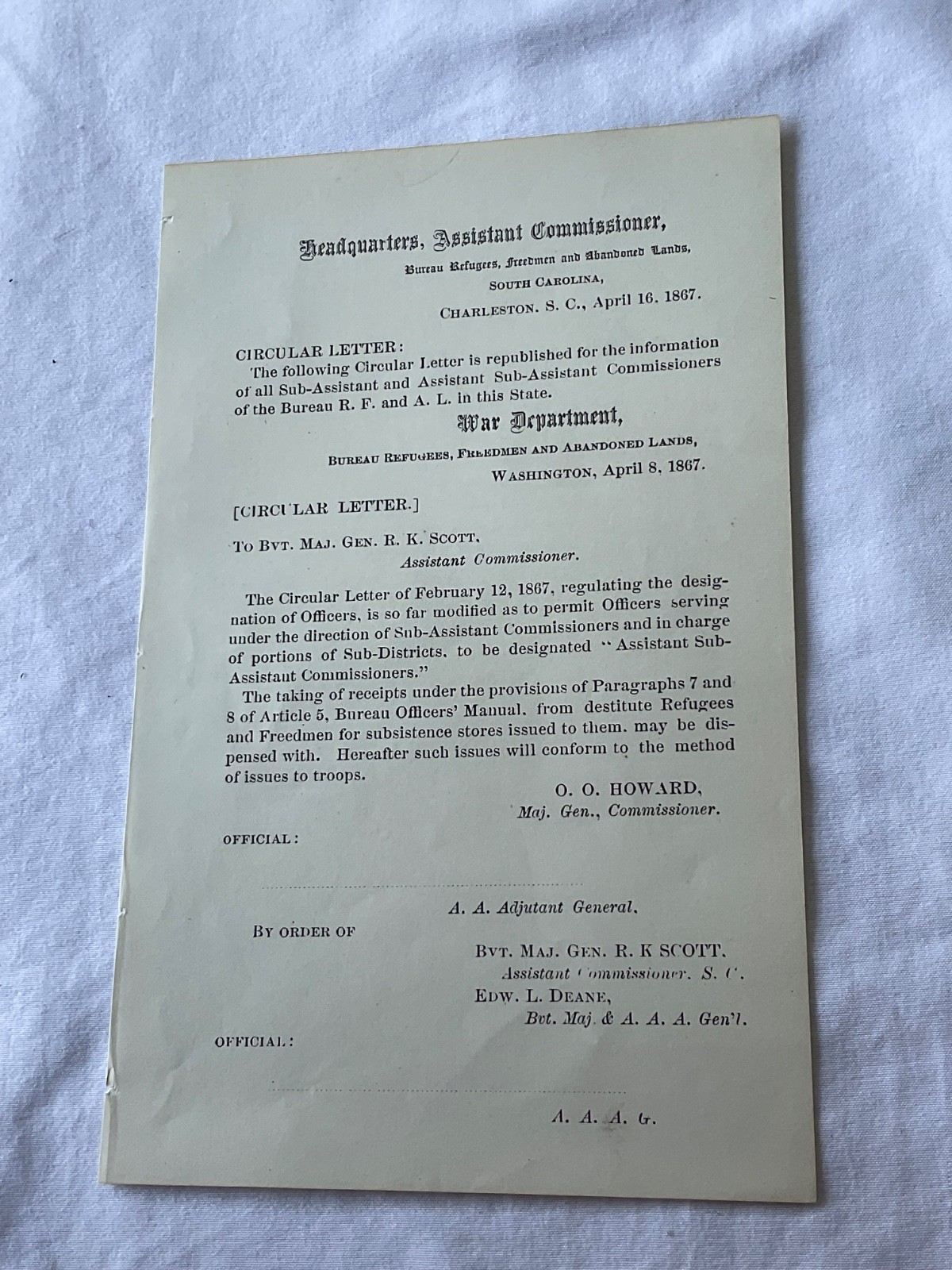 CIVIL WAR RECONSTRUCTION FREEDMAN CIRCULAR CHARLESTON GENERAL OO HOWARD 1867