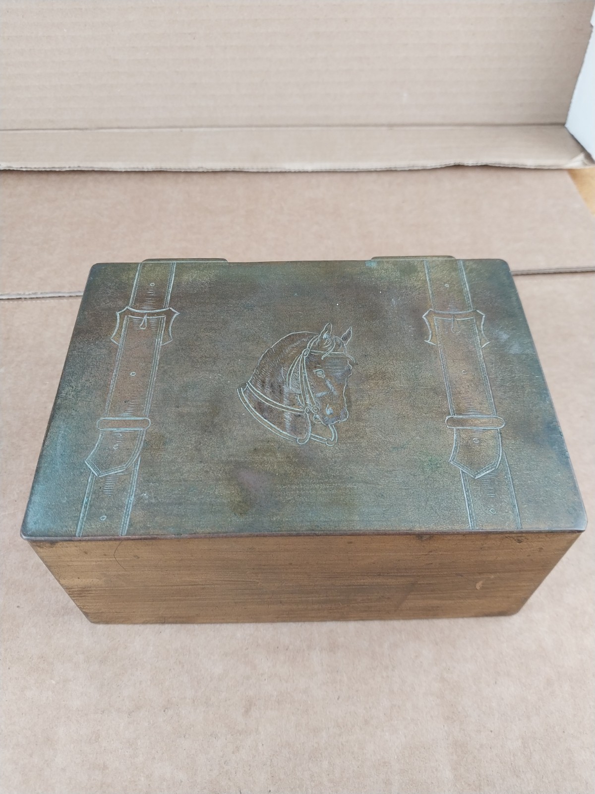 Vintage Bronze Box Cedar Lined Etched Horse Equestrian