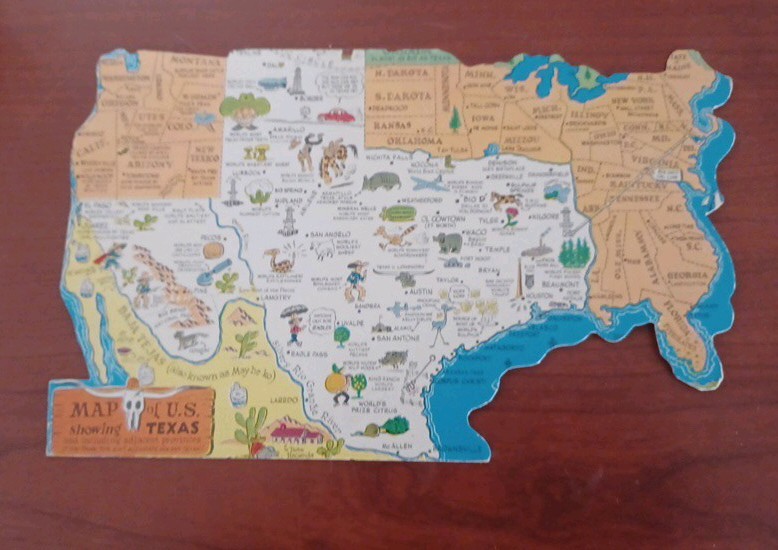 Vintage Petley Studios Die Cut Map of Texas postcard - 5.5 x 8\