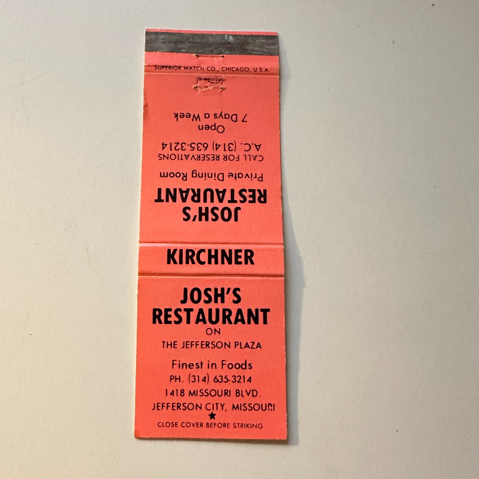 Josh\'s Restaurant Jefferson City MO Vintage Matchbook Cover 5MB125-2