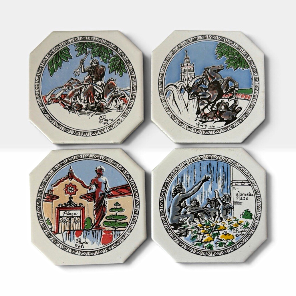 Vintage 1986 C Payne Creations Kansas City Country Club Plaza Art Tiles Set of 4