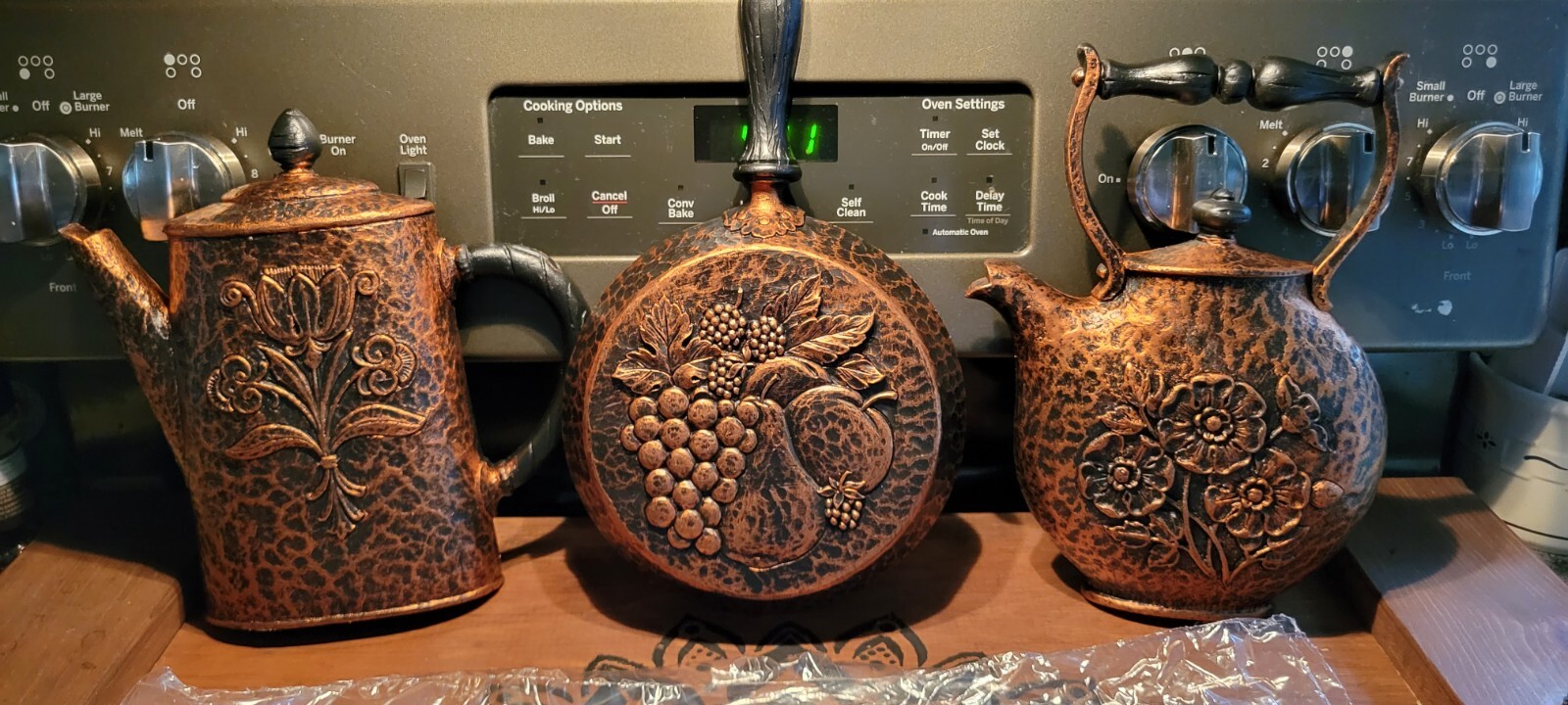 MCM Kitchen 1972 NEW Homco Set 3 Coffee Tea Pot Skillet Faux Hammered Copper VTG