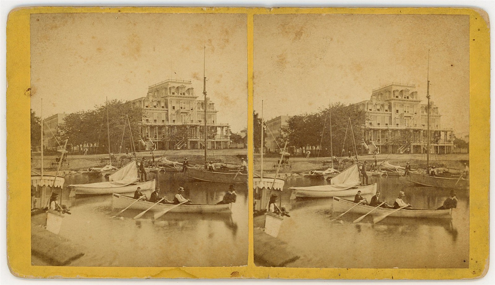 WISCONSIN STEREOVIEW - Lake Geneva - Whiling House & Boats - J. Bullock 1880s